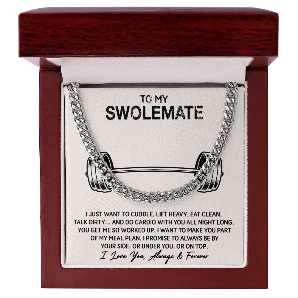 Cuban Link Chain Necklace with To My Swolemate card in a mahogany style LED gift box