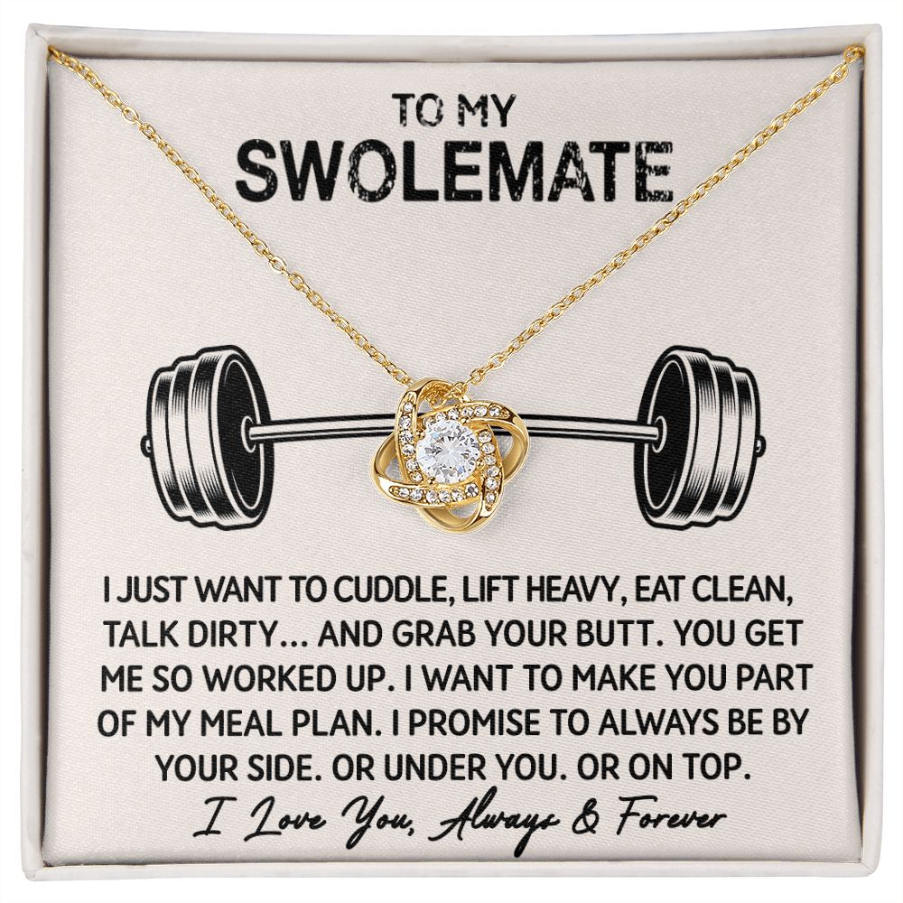 To My Swolemate message card with Love Knot Necklace in yellow gold finish, card reads My Meal Plan