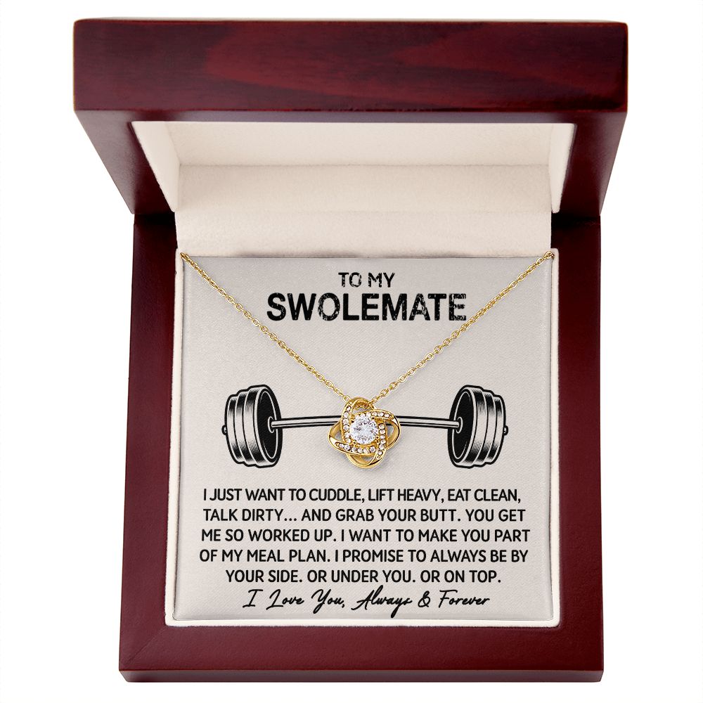 Love Knot Necklace with To My Swolemate card in a mahogany style LED gift box, yellow gold finish