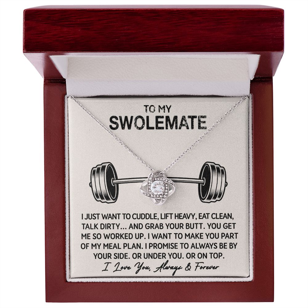Love Knot Necklace with To My Swolemate card in a mahogany style LED gift box