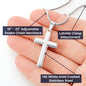 Diagram of the Personalized Cross Necklace showing chain, clasp and steel details